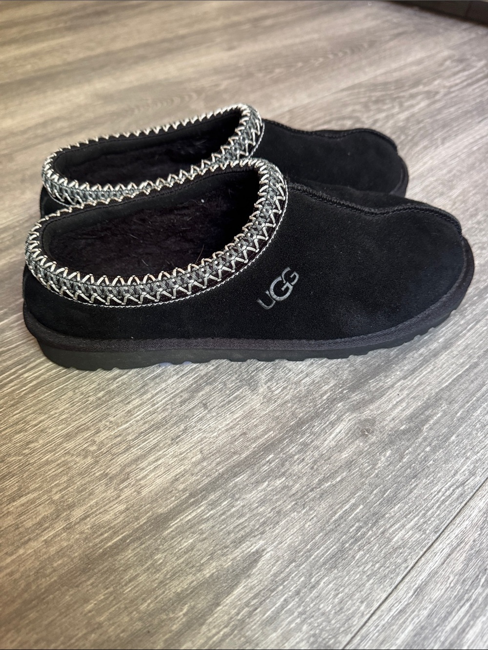 UGG Black Suede Braided-Trim Slip Ons